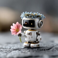 Aufkleber - A Kindred Bot: A charming white robot holds a delicate pink flower while wearing a crown of small blue blossoms
