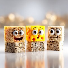 Poster - Animated Cheese Cube Trio Displaying Diverse Expressions: A Whimsical Food Art Composition on a Light Background