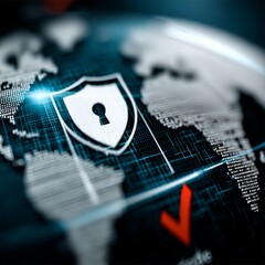 Aufkleber - Global Network Security: A Shield Protecting Data Across the World Map in a Digital, Connected Landscape.