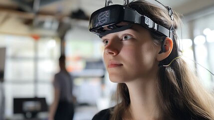 Close up of a woman wearing a brain computer interface device looking off to the side in a bright room