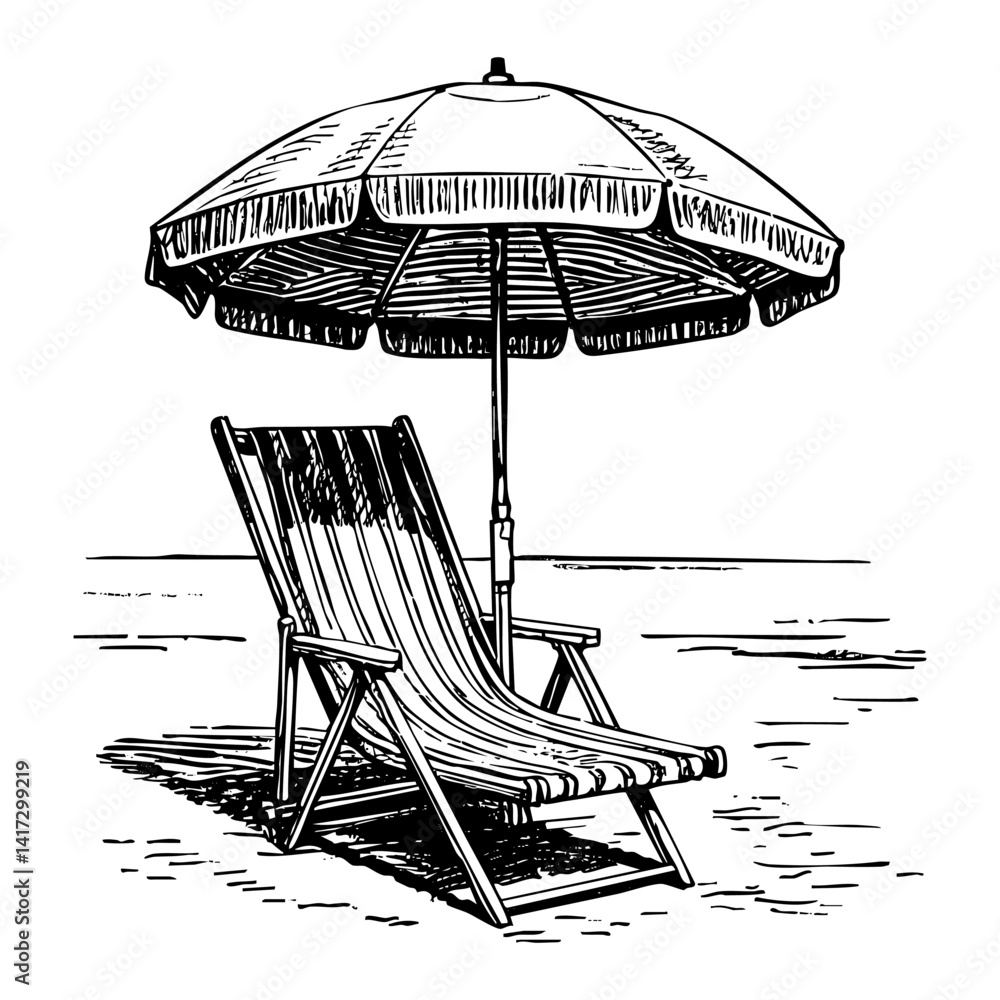 Umbrella and seat on beach sketch engraving black and white outline ...