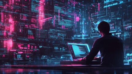 Digital transformation, IoT, Internet of Things, Software technology development concept. Software engineer coding on laptop computer with innovation technology interface