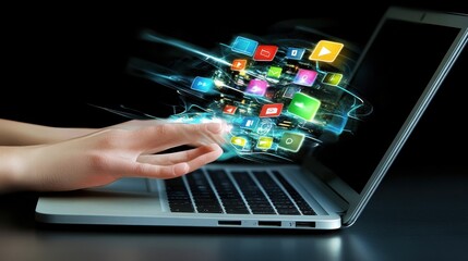 Close up of hand with laptop and media icons