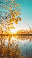 Wall Mural - Autumn Forest woods lake . Amazing Landscape Woodland Slider Time Lapse, Time-lapse. fish-eye wide angel, tranquil motion. Autumn River Landscape At Sunset. Sun Shine Over Blue Water Lake Or River At