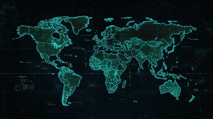 futuristic digital world map with glowing blue lines and grids