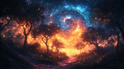 mystical forest path at night under a swirling galaxy