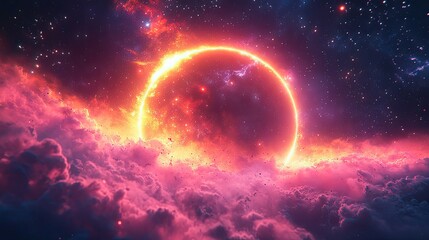 Wall Mural - fiery ringed sun blazing through cosmic clouds.