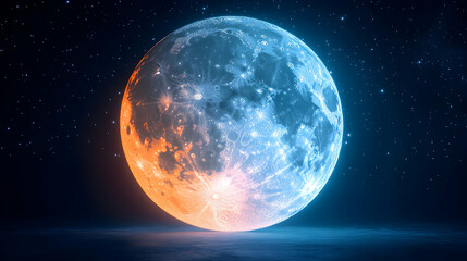 Planet with orange and blue hues in starry night sky resting on dark blue surface