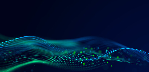 Wall Mural - abstract bright wave of glowing particles. the flow of musical sounds. big data visualization. 3d re