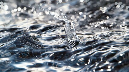Metallic liquid surface with ripples, splashing water, bokeh effects, and a silver-gray abstract design