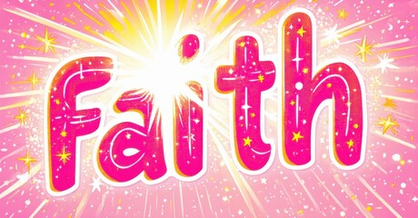 Aufkleber - Bright pink Faith text dominates image. Stars, sparkles radiate from central light source. Positive, uplifting design.