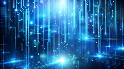 Abstract blue tech background with binary code and holographic interface elements