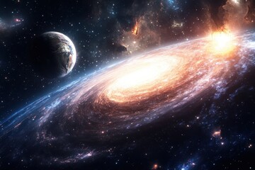 Wall Mural - Captivating view of a spiral galaxy with Earth in the foreground during cosmic explosion