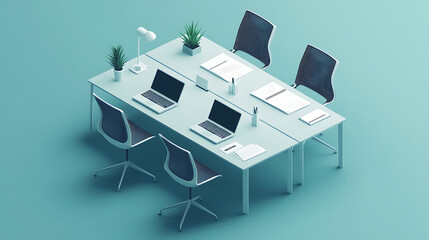 a table with four chairs and a laptop on it