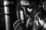 Black and white portrait of a determined woman boxer with sweat on her face, showcasing strength and focus, with wrapped hands ready for action in the gym.