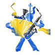 © master1305 - Design with abstract figure made from instruments like accordion, saxophone, and violin in blue-yellow duotone against white background. Music, festival, creative poster, ads concept. Photocopy effect