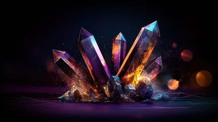 Wall Mural - Crystal cluster erupting from fiery rocks, dark background