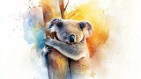 A cute koala hugging a tree, surrounded by vibrant watercolor splashes.