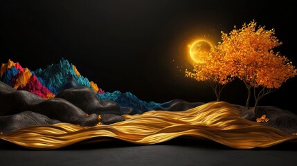 Sticker - Abstract autumn landscape with golden hills, colorful mountains, and a moonlit tree.  Possible use product backdrop