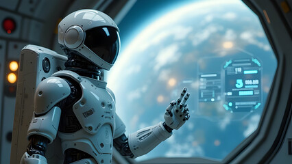 A robot astronaut is looking out of a window in a space shuttle