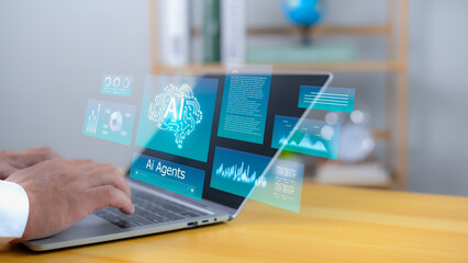 AI Agents and Assistants, Human Uses AI Agents on laptop and tablet to Manage Important Things in Life, Introduction of Artificial Intelligence and AI is enhancing human potential.