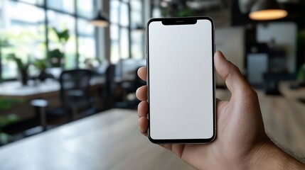 Modern smartphone held in hand, blurred office background