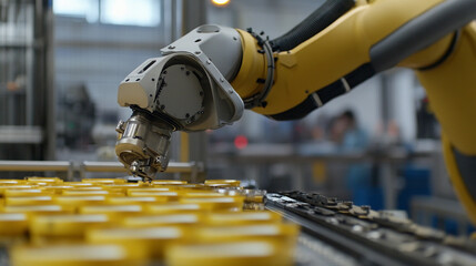 Poster - Close-up view of robotic arm working on assembly line Generative AI