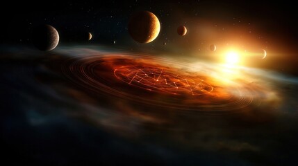 Wall Mural - Cosmic swirling nebula, planets, and star with glyphs, space fantasy