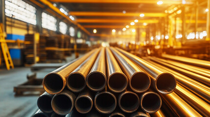 Fototapete - Brightly piled steel pipes in industrial warehouse setting Generative AI