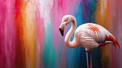 Wall Mural - Pink flamingo against vibrant abstract painted background