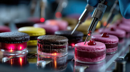 Fototapete - Macarons being tested with advanced AI driven lab equipment for texture and flavor analysis. scene shows precision and innovation in food technology