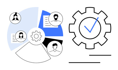 Human profiles in pie chart segments with gear and checkmark emphasize teamwork, project management, and process efficiency. Ideal for productivity, teamwork, organization, collaboration