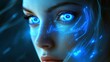© PFU - A futuristic woman's face glows with ethereal blue energy, a captivating portrait of technological integration and human beauty with vibrant digital art style.