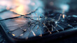 © CleanPhotos - Macro photo of broken glass shards radiating from a central impact point, illuminated by blue and orange lighting. High contrast and dramatic composition with detailed reflections.