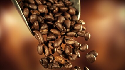 Aufkleber - Coffee beans in the wooden scoop, isolated on abstract background.