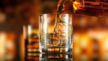 Fototapete - Detail of pouring whiskey into glass with ice cubes. Super clear ice inside the glass.