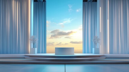 Canvas Print - minimalist stage with curtains, plants, and sunset view.