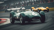Vintage racing car on the track. Retro auto sport event, with fast classic cars
