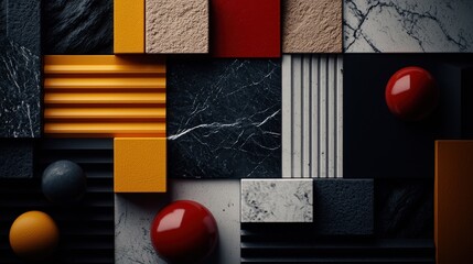 Wall Mural - Abstract geometric shapes composition, various materials, vibrant colors, marble background