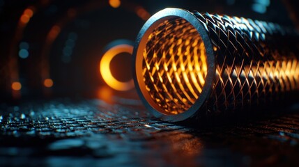 Wall Mural - metallic tube, abstract industrial design, dark background, glowing interior