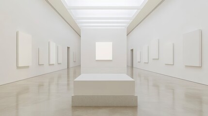 Wall Mural - Minimalist white art gallery interior with blank canvases on walls and a pedestal.