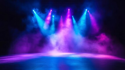 Wall Mural - vivid purple and blue stage lighting with fog effect on a dark background.