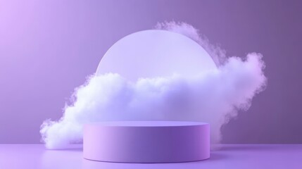 Wall Mural - Purple illuminated cylindrical platform on clouds, minimalist 3D render.