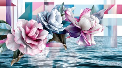 Wall Mural - Floral seascape; vibrant flowers, abstract geometric background