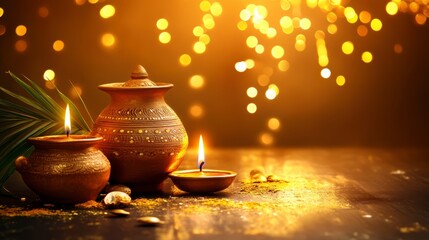 Canvas Print - golden lit candles, clay pots, and spices on dark wooden surface with bokeh background.