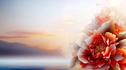 Poster - floral art print, vibrant peony, sunset backdrop, mountain view