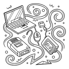 a detailed vector illustration shows a seamless circuit board pattern, a sketch of digital computer 