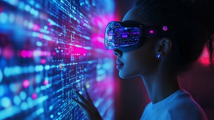 Woman VR interacting with digital code wall