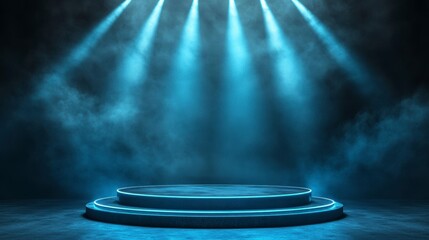 Wall Mural - futuristic blue stage with spotlights and smoke.