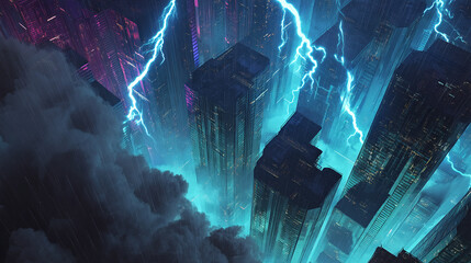 Rainy futuristic city scene, lightning strikes illuminate towering buildings, conveying a powerful, dramatic atmosphere, perfect for science fiction or cyberpunk themes